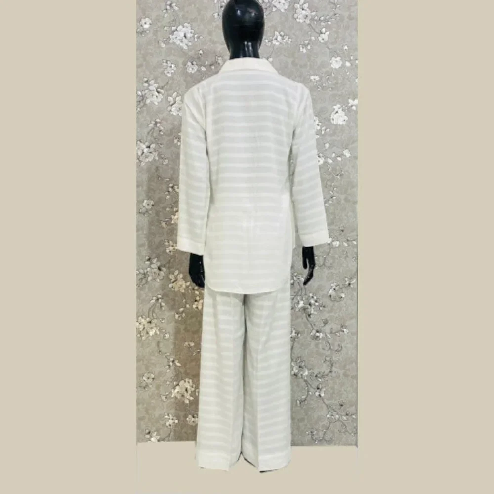 SoieRose Women's 100% Cotton White Self-Stripe Pajama Set - SR-1067 - Picture 3 of 4